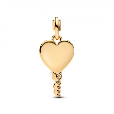 Engravable heart key 14k gold-plated pendant with clear cubic zirconia