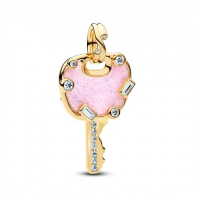 Key 14k gold-plated dangle with clear cubic zirconia and lab-created pink opal