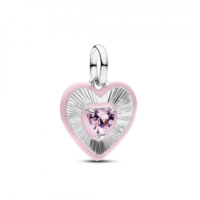 Heart sterling silver medallion with orchid pink crystal and pink enamel