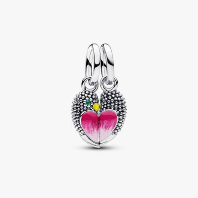 Magnetic love birds sterling silver splittable dangle with royal green crystal, yellow and shaded pink enamel